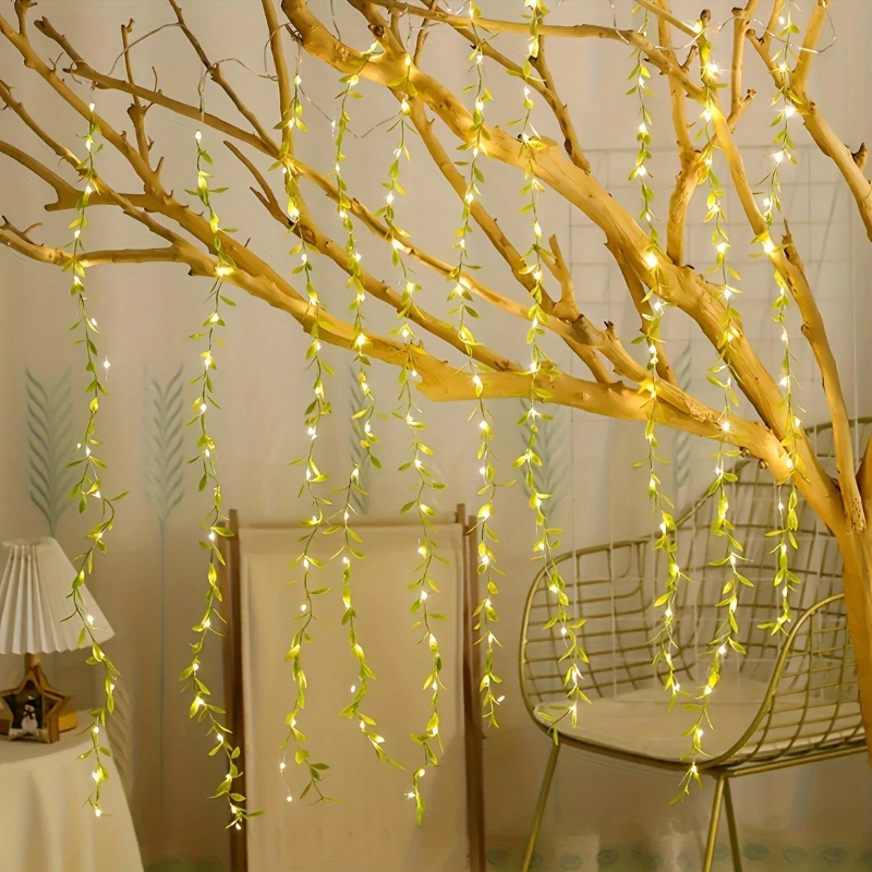 Willow Curtain Lamp With Lights BatteryOperated Imitation Leaf String Light For Home Decor 0