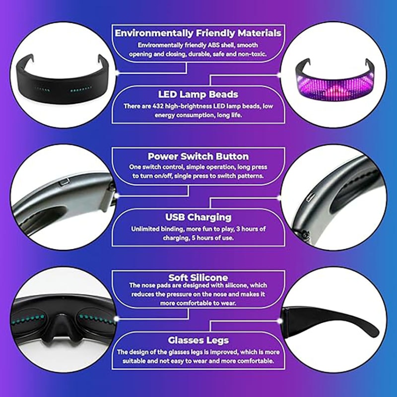 Programmable LED Glasses with Bluetooth & RGB Light Display – Perfect for Parties & Holidays