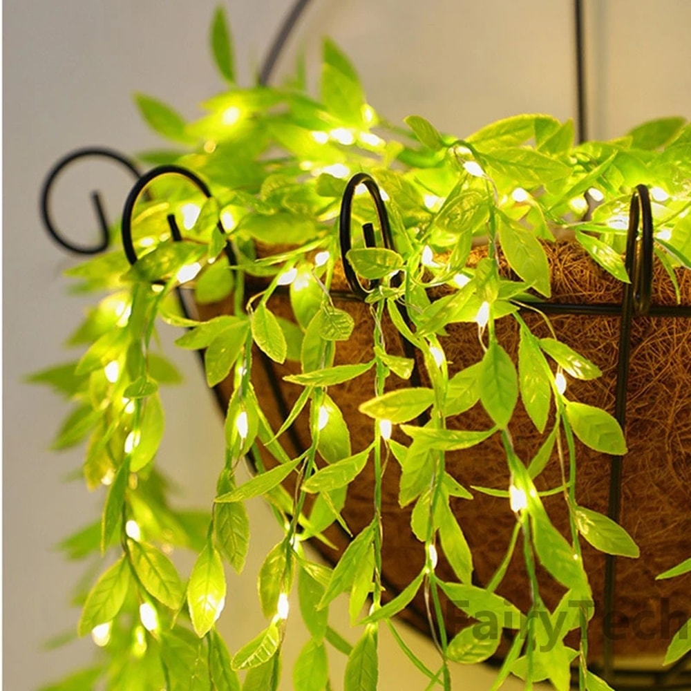 LED Willow Curtain String Lights – Battery Operated, Copper Wire, Imitation Leaf Design
