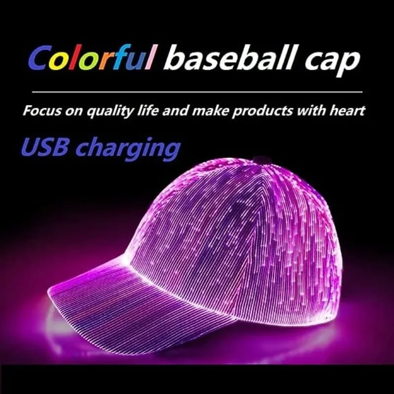 Men Women LED Fiber Optic Baseball Cap –Colors USB Charging Light Up Hat for Night Running & Hip Hop Style