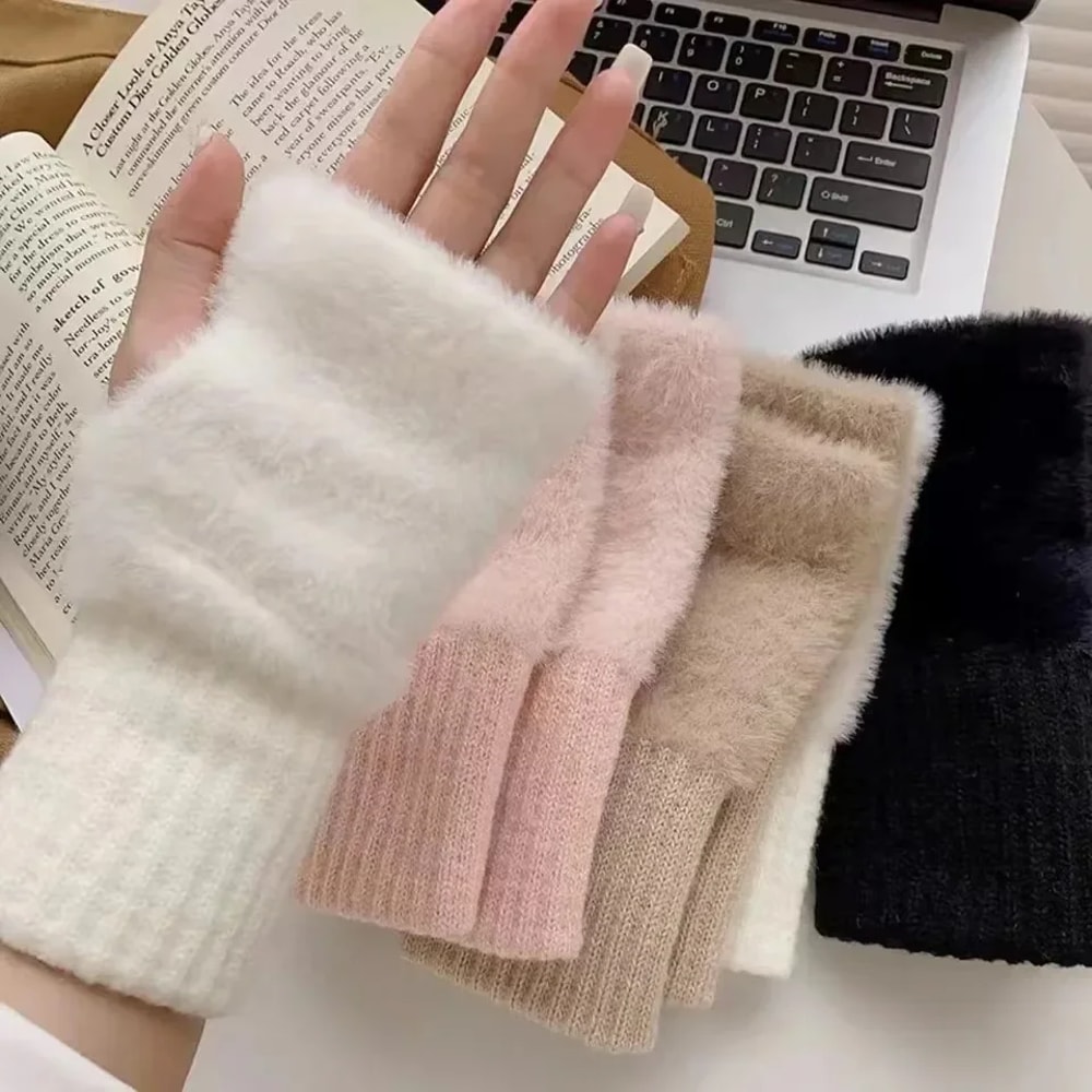 Fashionable Half Finger Gloves For Women Soft Warm Luxurious Winter Plush Knitted Fingerless Glove 0