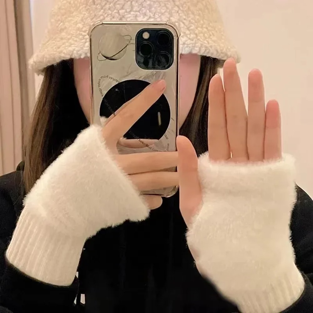 Fashionable Half Finger Gloves For Women Soft Warm Luxurious Winter Plush Knitted Fingerless Glove 1