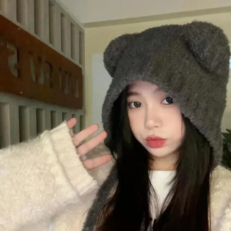 Cute Girl Knit Ear Protection Hat – Bear Women Earmuffs Cap, Woolen Crochet Bonnet, Solid Color Hood Beanies, Winter