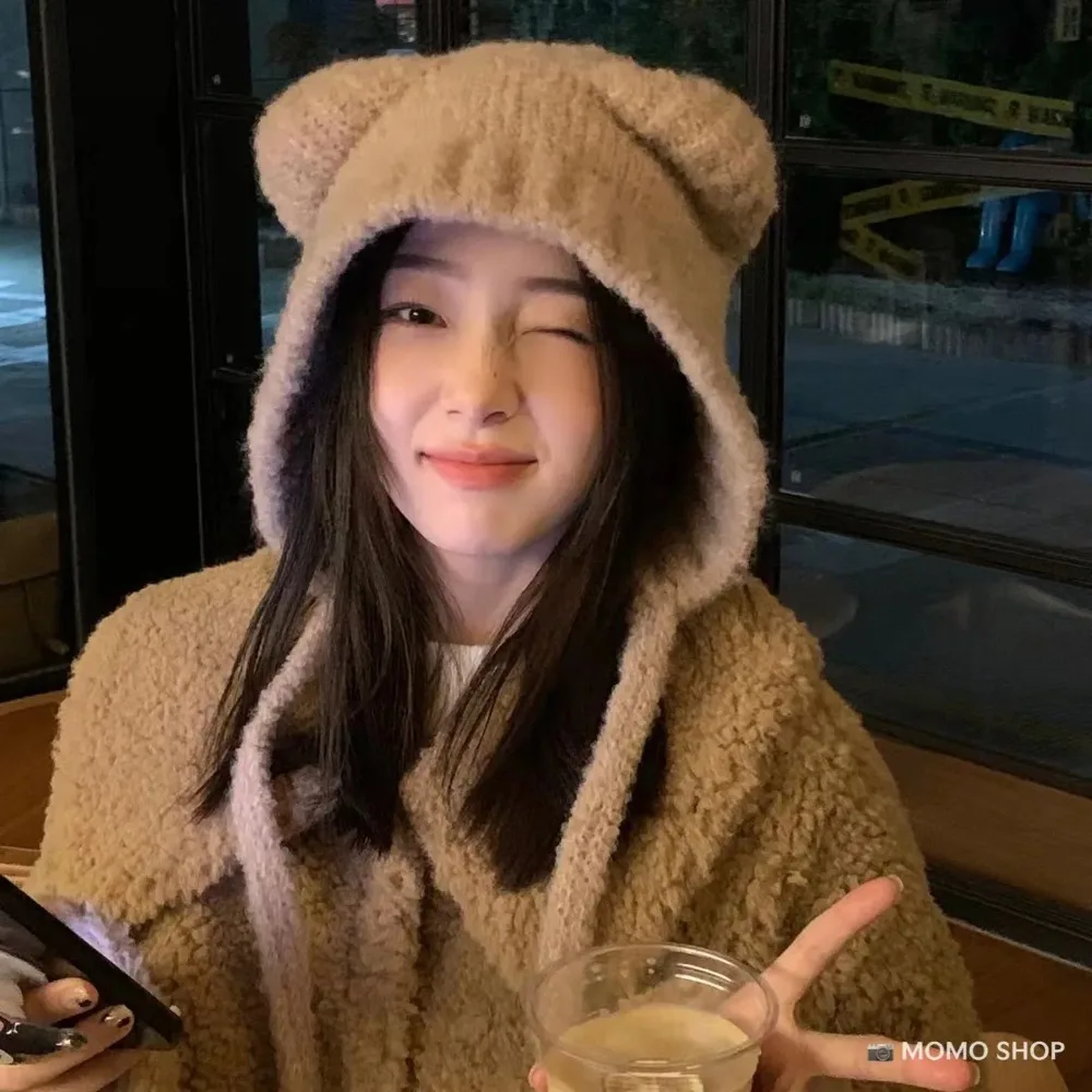 Cute Girl Knit Ear Protection Hat – Bear Women Earmuffs Cap, Woolen Crochet Bonnet, Solid Color Hood Beanies, Winter