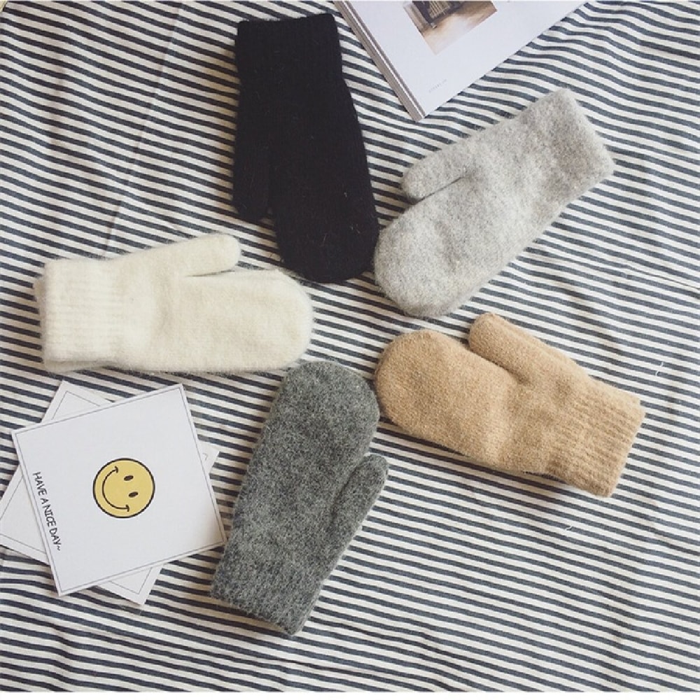 Winter Women Soft Cashmere Mittens Gloves with Imitation Rabbit Fur