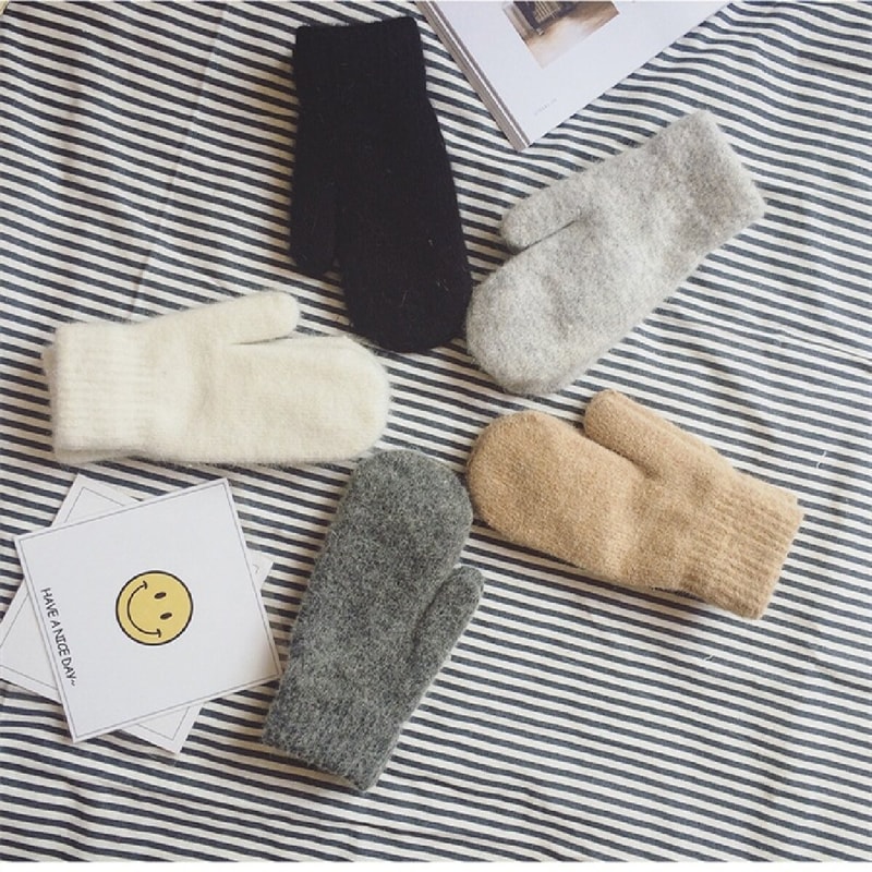 Winter Women Soft Cashmere Mittens Gloves with Imitation Rabbit Fur