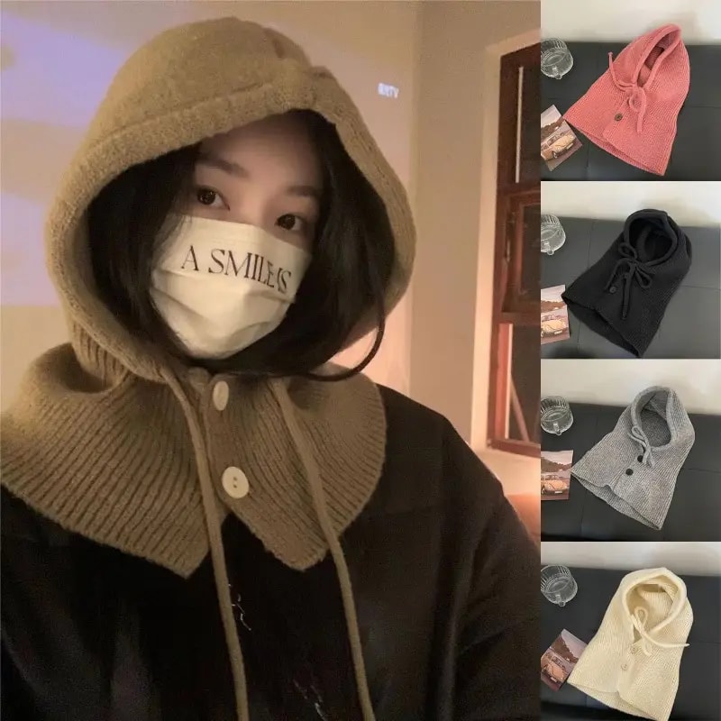 Winter Ski Mask with Warm Scarf – Hooded Balaclava Knit Beanie Hat with Thick Drawstring