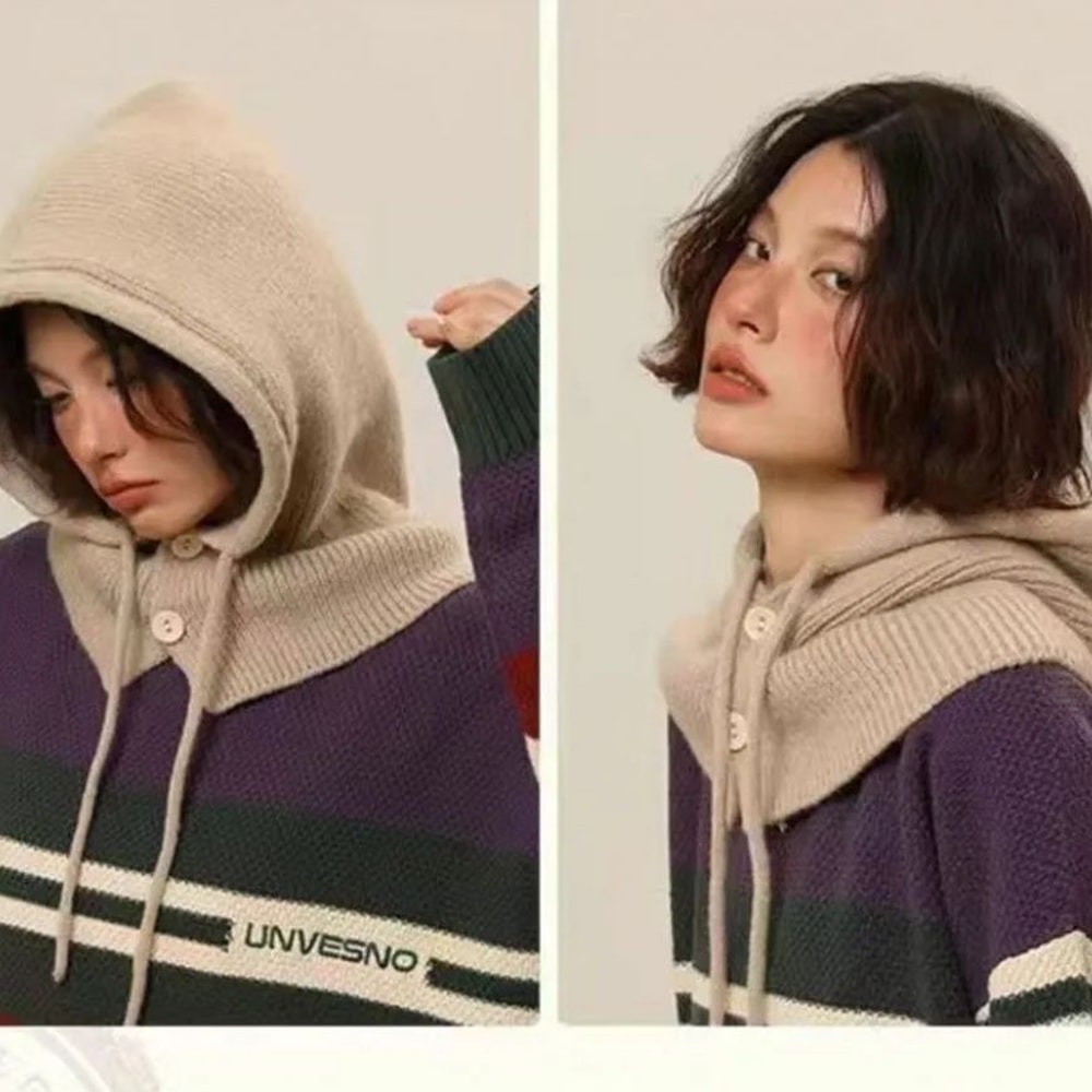 Winter Ski Mask with Warm Scarf – Hooded Balaclava Knit Beanie Hat with Thick Drawstring