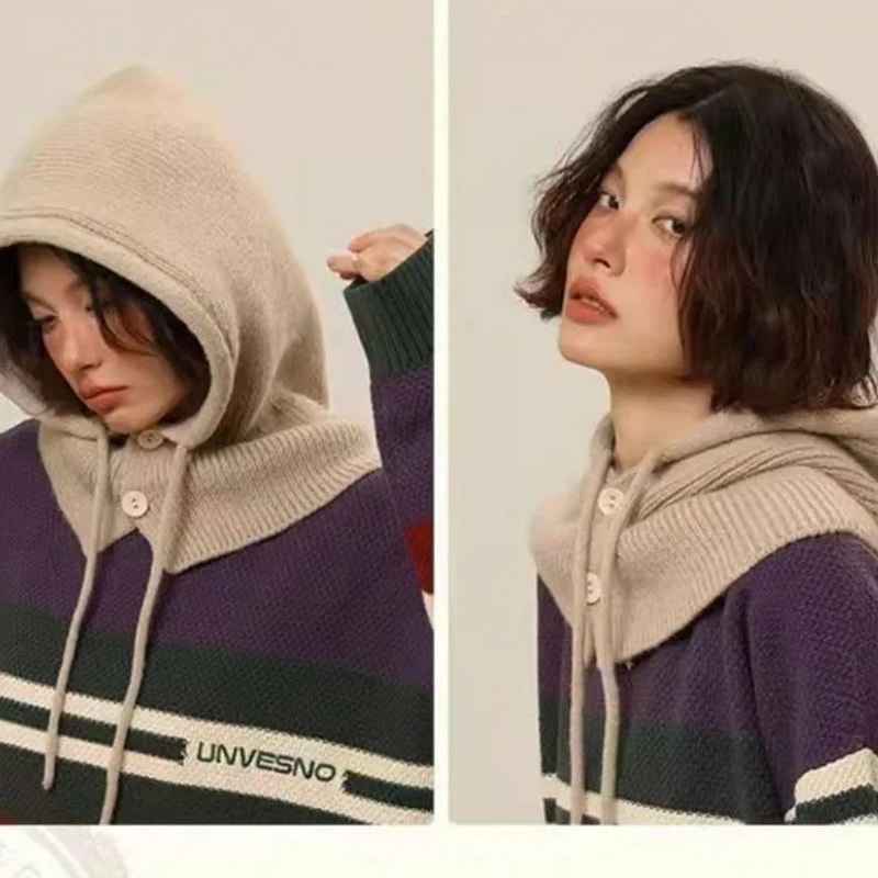 Winter Ski Mask with Warm Scarf – Hooded Balaclava Knit Beanie Hat with Thick Drawstring