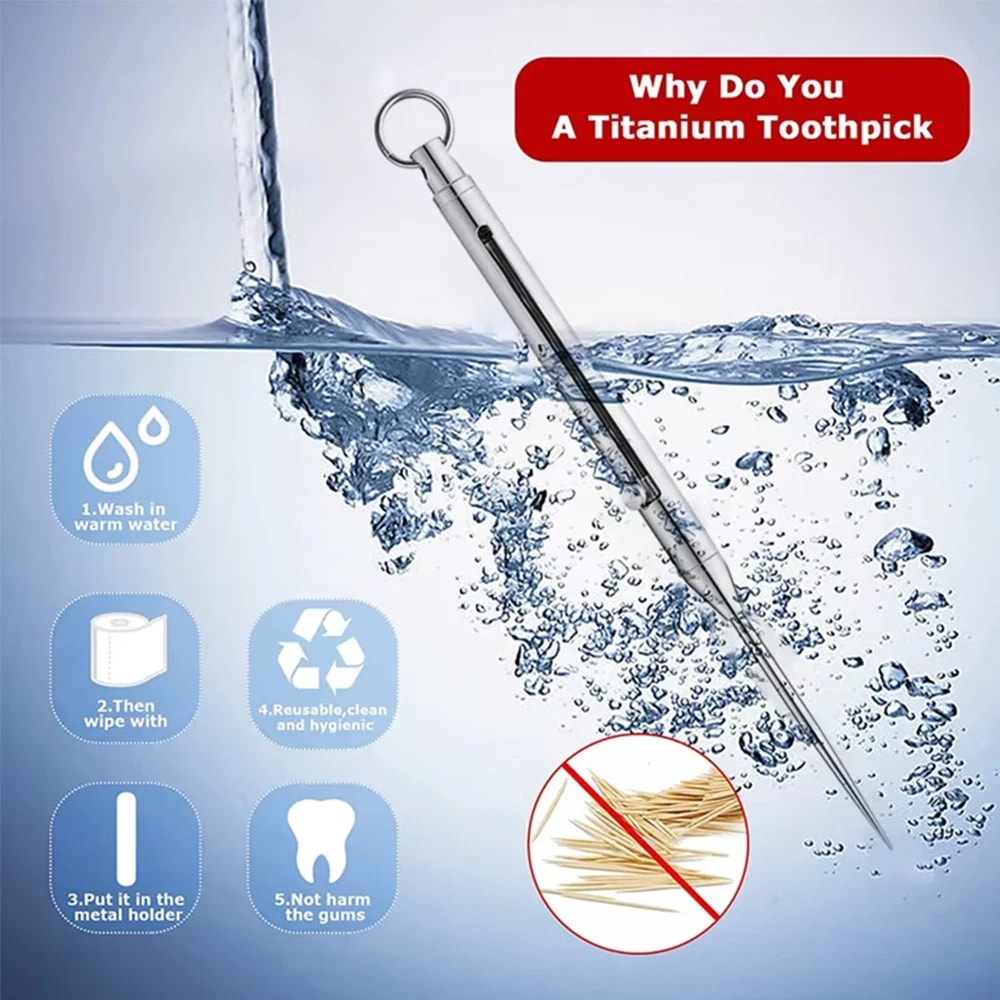Portable Titanium Toothpicks Pocket Toothpicks Keychain Silver with Metal Toothpick Holder for Outdoor Picnic Camping Accessorie
