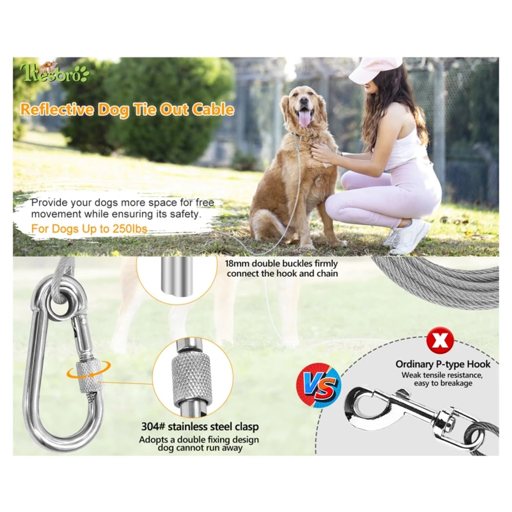 Double-Headed Dog Tie Out Cable Leash Heavy Duty Anti-Rust Steel Wire Training Collar for Outdoor Use