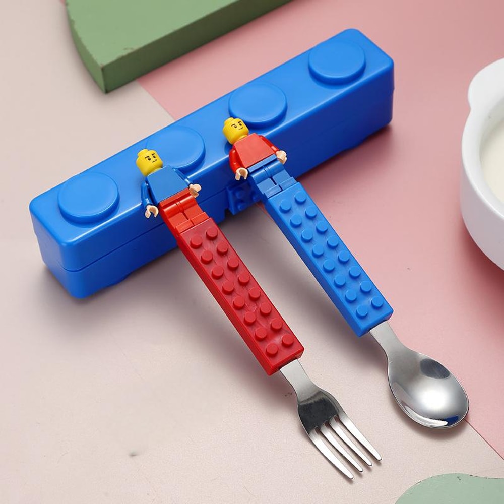 Portable Stainless Steel Kids Cutlery Set Fun Travel Fork and Spoon Blocks