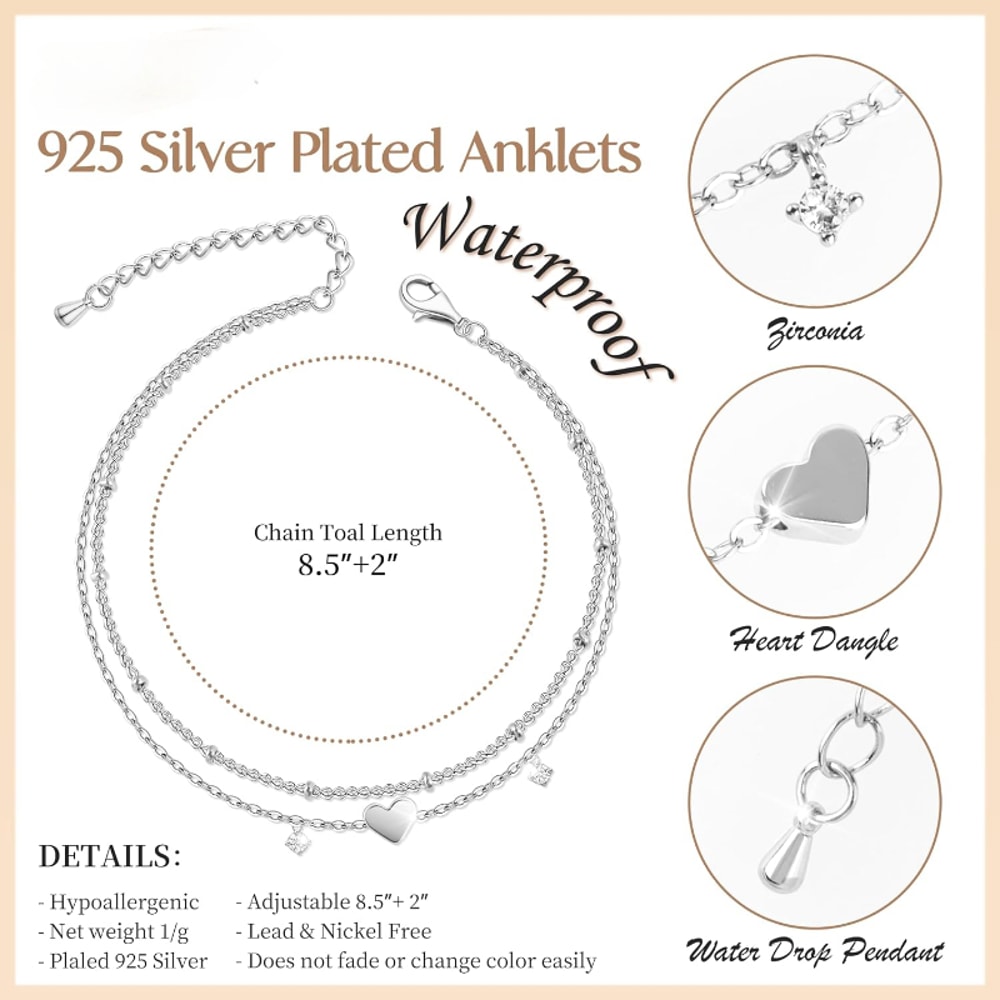 Silver-Plated CZ Anklet Bracelet with Heart Charm – Trendy, Waterproof, Dainty Layer Chain Jewelry Gift for Women & Girl