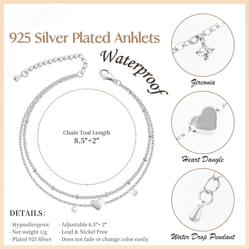 Silver-Plated CZ Anklet Bracelet with Heart Charm – Trendy, Waterproof, Dainty Layer Chain Jewelry Gift for Women & Girl