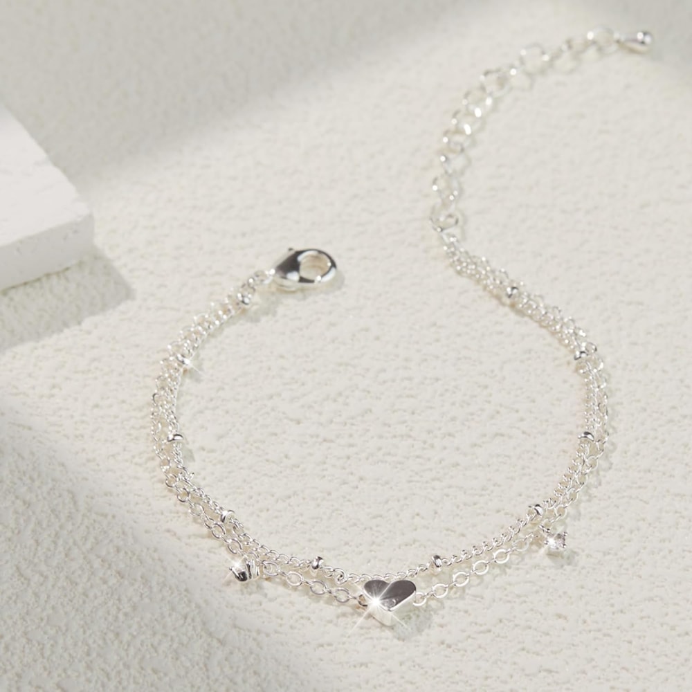 Silver-Plated CZ Anklet Bracelet with Heart Charm – Trendy, Waterproof, Dainty Layer Chain Jewelry Gift for Women & Girl