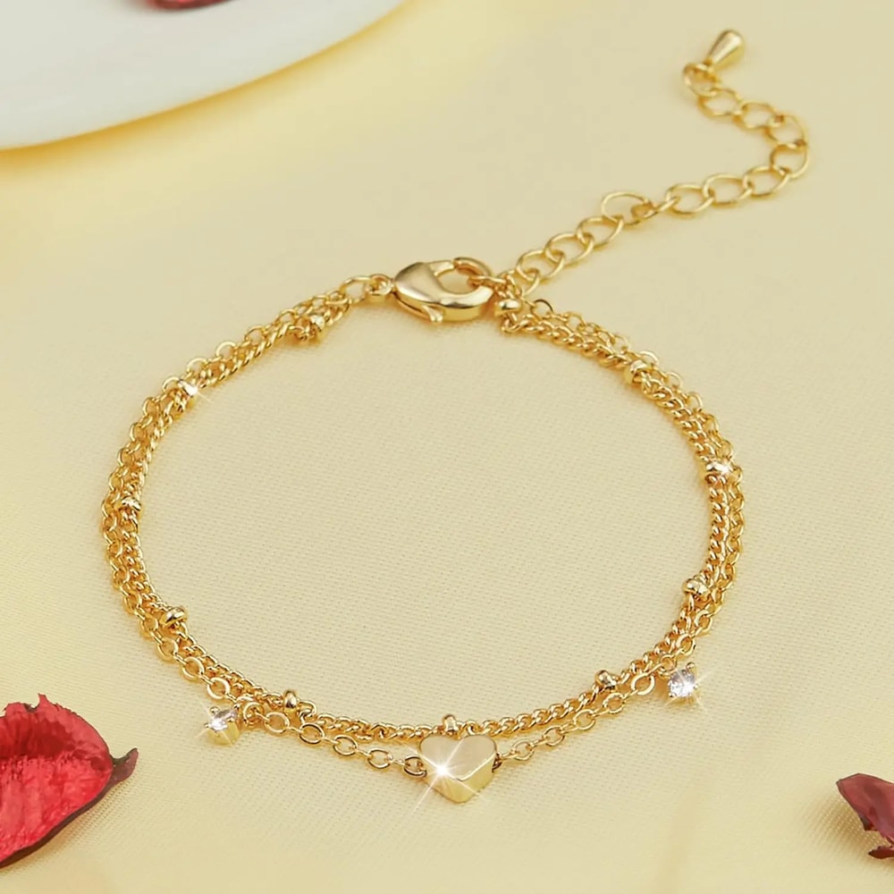 Silver-Plated CZ Anklet Bracelet with Heart Charm – Trendy, Waterproof, Dainty Layer Chain Jewelry Gift for Women & Girl