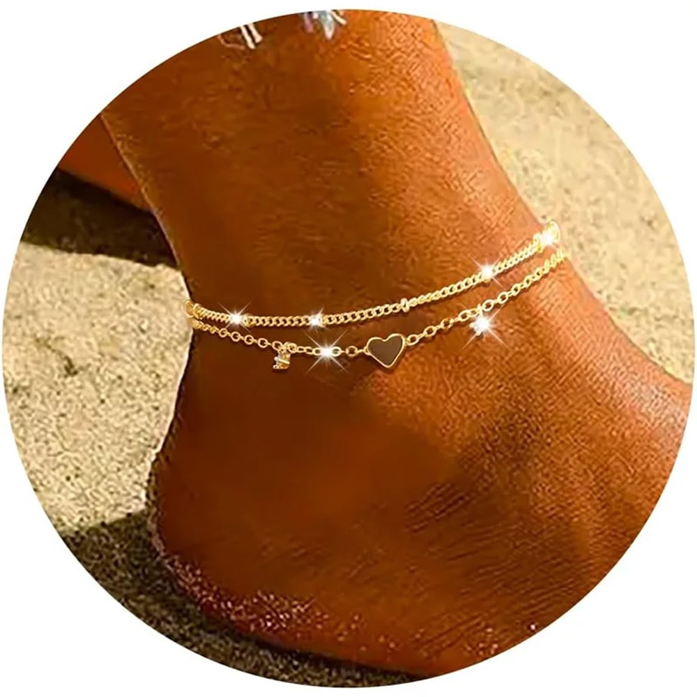 Silver-Plated CZ Anklet Bracelet with Heart Charm – Trendy, Waterproof, Dainty Layer Chain Jewelry Gift for Women & Girl