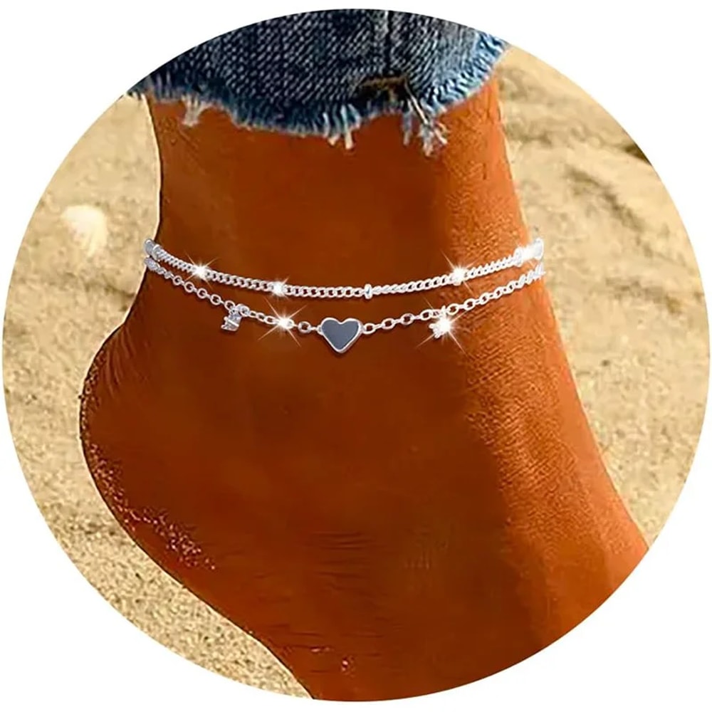 Silver-Plated CZ Anklet Bracelet with Heart Charm – Trendy, Waterproof, Dainty Layer Chain Jewelry Gift for Women & Girl