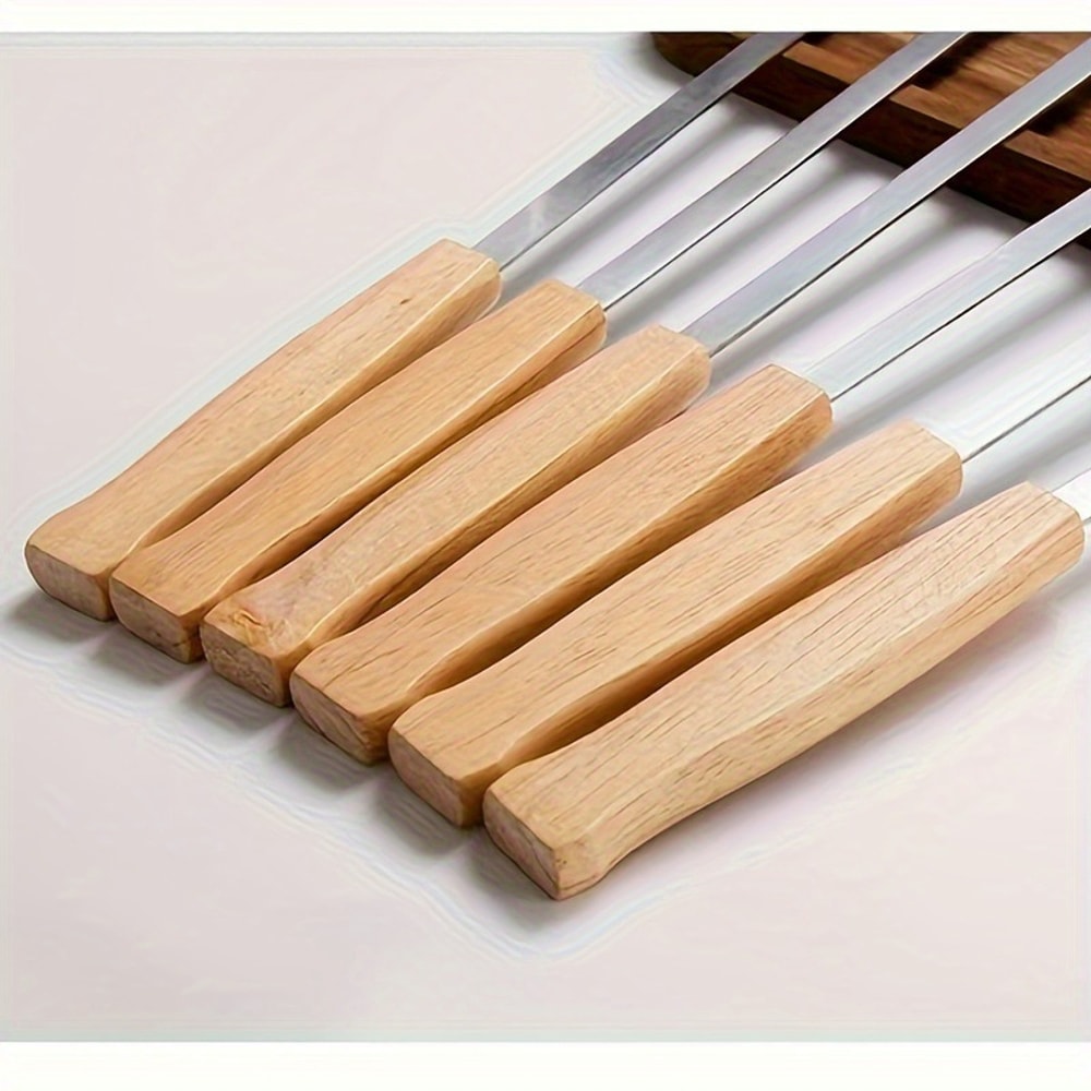 Reusable Stainless Steel BBQ Skewers with Wooden Handles – Anti-Scalding, Wide Metal Skewers for Barbecue and Grilling