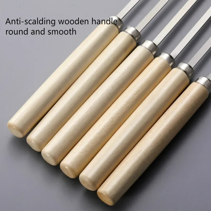 Reusable Stainless Steel BBQ Skewers with Wooden Handles – Anti-Scalding, Wide Metal Skewers for Barbecue and Grilling