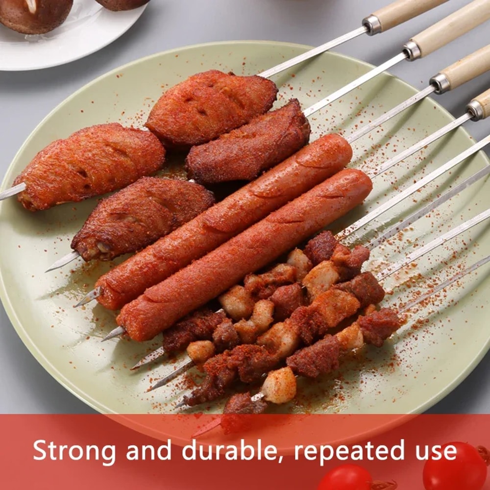 Reusable Stainless Steel BBQ Skewers with Wooden Handles – Anti-Scalding, Wide Metal Skewers for Barbecue and Grilling