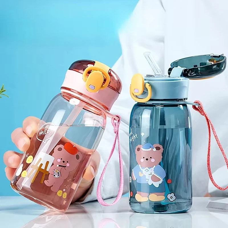 Cartoon Teddy Bear Plastic Cup for Kids – Portable Summer Water Cup with Straw and Rope