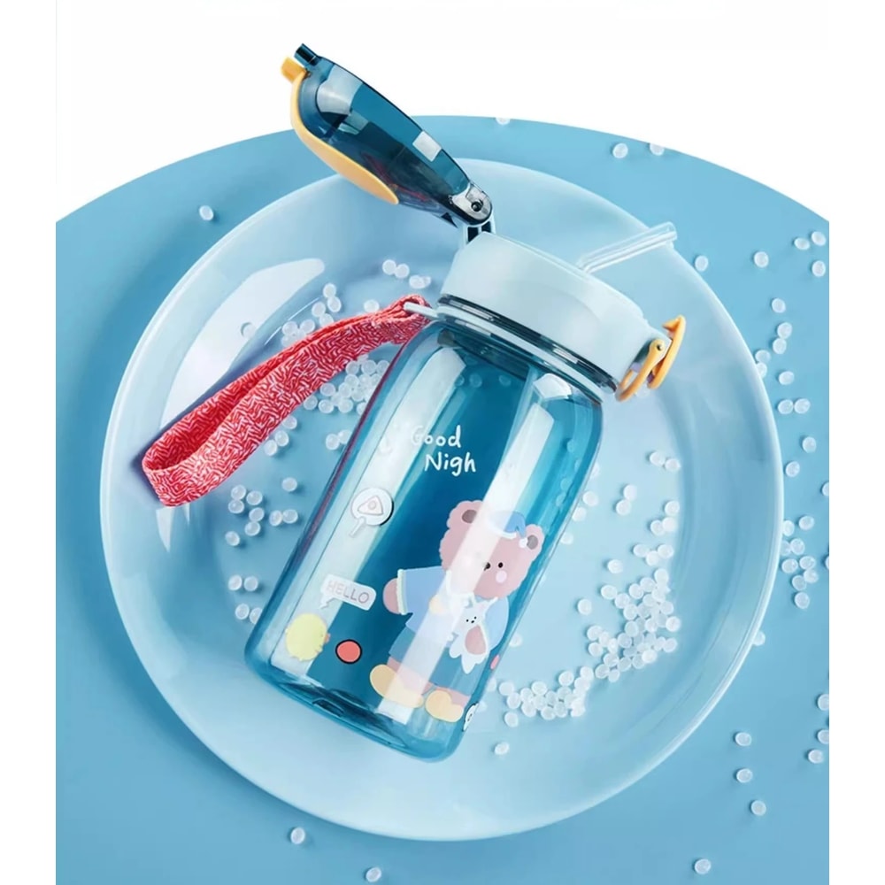 Cartoon Teddy Bear Plastic Cup for Kids – Portable Summer Water Cup with Straw and Rope