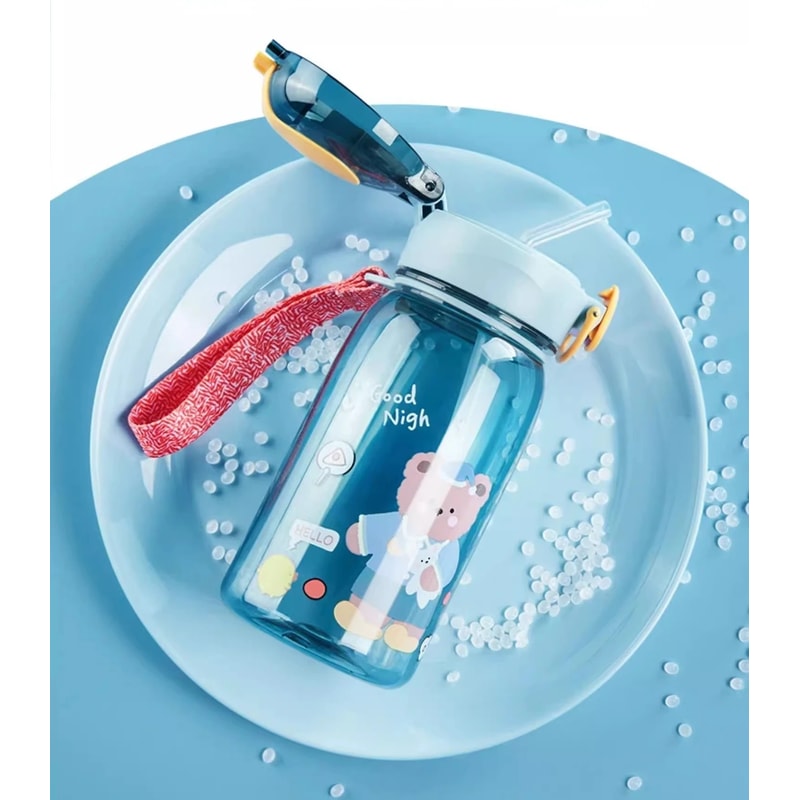 Cartoon Teddy Bear Plastic Cup for Kids – Portable Summer Water Cup with Straw and Rope