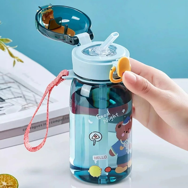 Cartoon Teddy Bear Plastic Cup for Kids – Portable Summer Water Cup with Straw and Rope