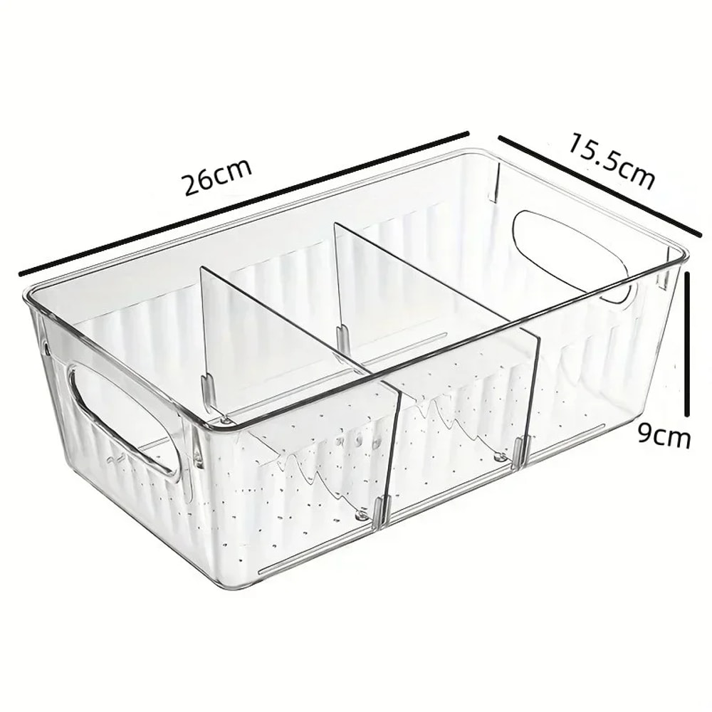 Transparent Plastic Storage Bins with Dividers for Fridge & Kitchen Organization