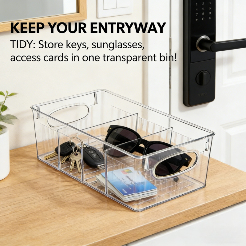 Transparent Plastic Storage Bins with Dividers for Fridge & Kitchen Organization