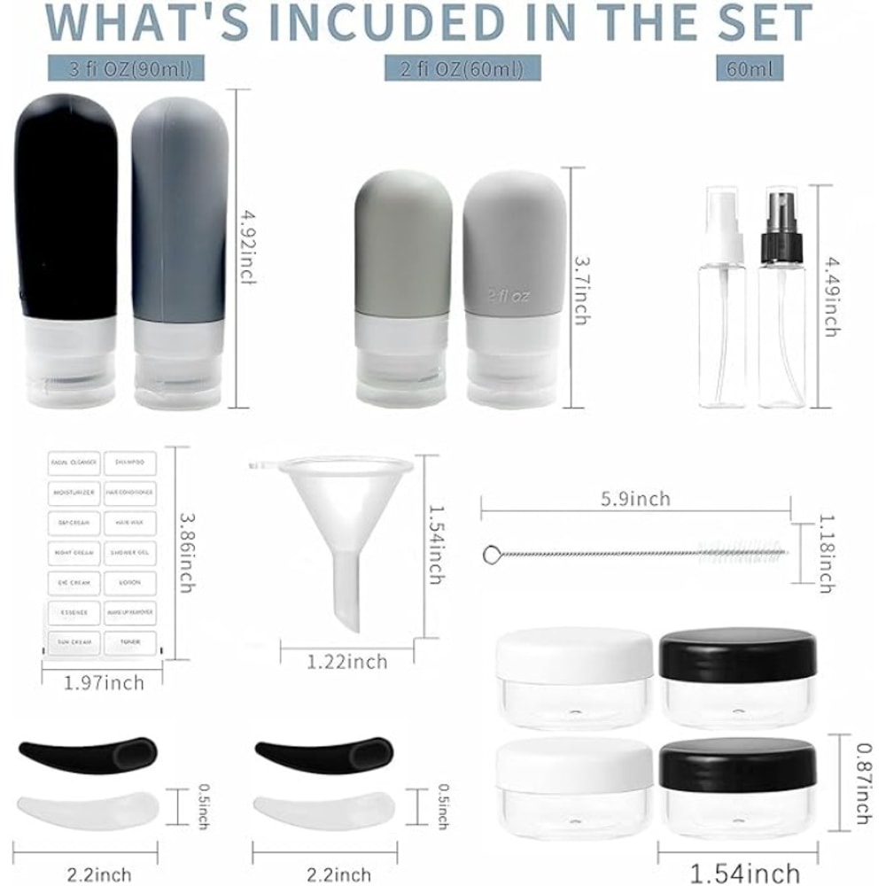 Silicone Travel Bottles Set, Leak-Proof Refillable Toiletry Containers for Shampoo, Shower, and Cosmetics