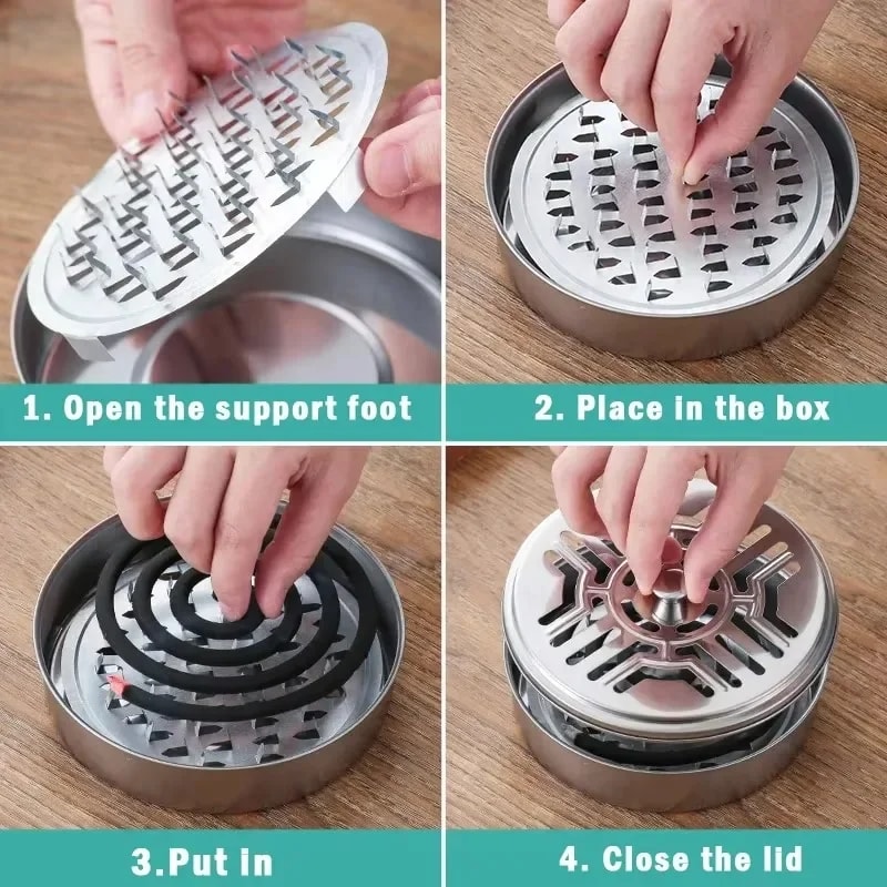 Fireproof Mosquito Coil Box with Round Lid, Serrated Outdoor Coil Holder, Iron Aromatherapy Tray for Summer Nights