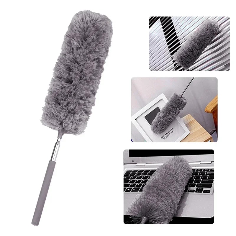 Telescopic Stainless Steel Feather Duster With Microfiber Cleaning Brush 2
