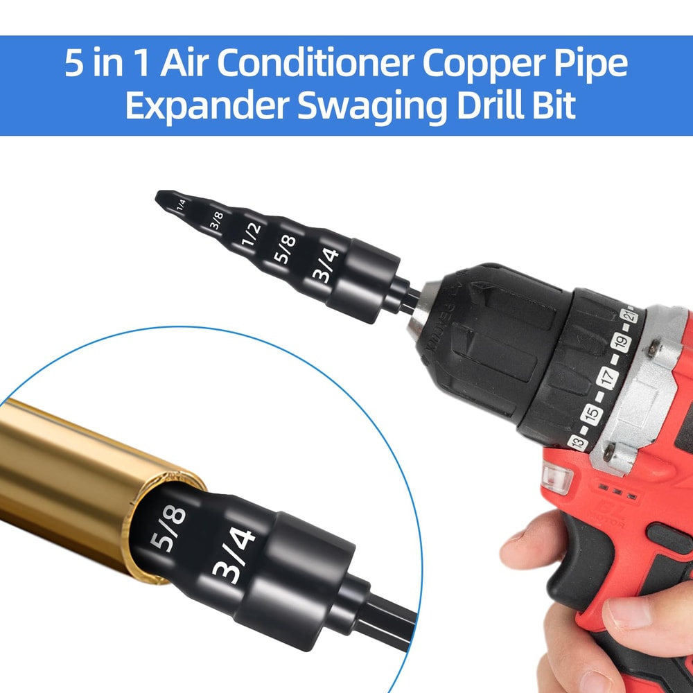 Swaging Tool Set for Air Conditioner Copper Pipes – Expander & Drill Bits with Hex Shank