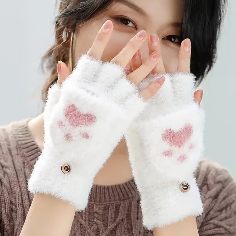 Warm Cat Claw Paw Plush Mittens for Women – Soft Fingerless Winter Gloves, Cozy and Cute