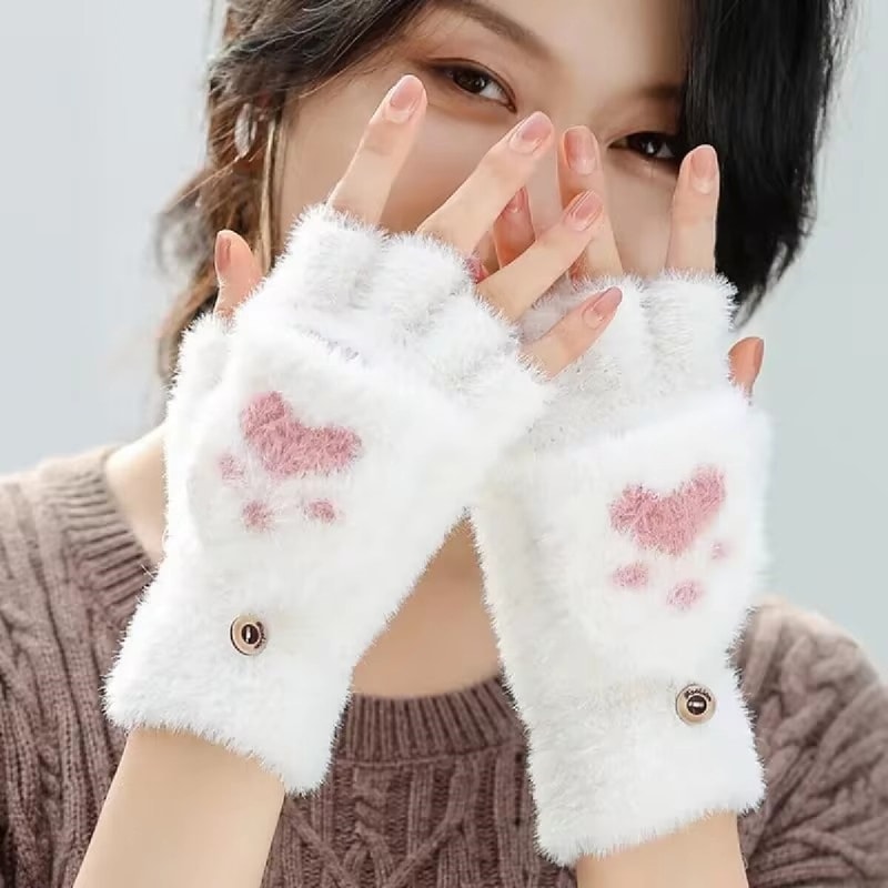 Warm Cat Claw Paw Plush Mittens for Women – Soft Fingerless Winter Gloves, Cozy and Cute