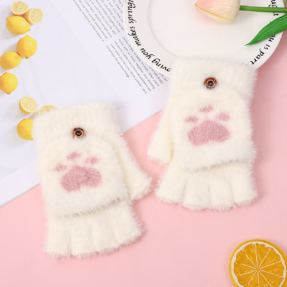 Warm Cat Claw Paw Plush Mittens for Women – Soft Fingerless Winter Gloves, Cozy and Cute