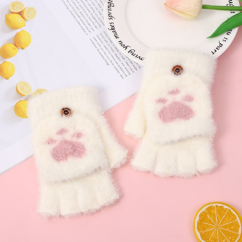 Warm Cat Claw Paw Plush Mittens for Women – Soft Fingerless Winter Gloves, Cozy and Cute