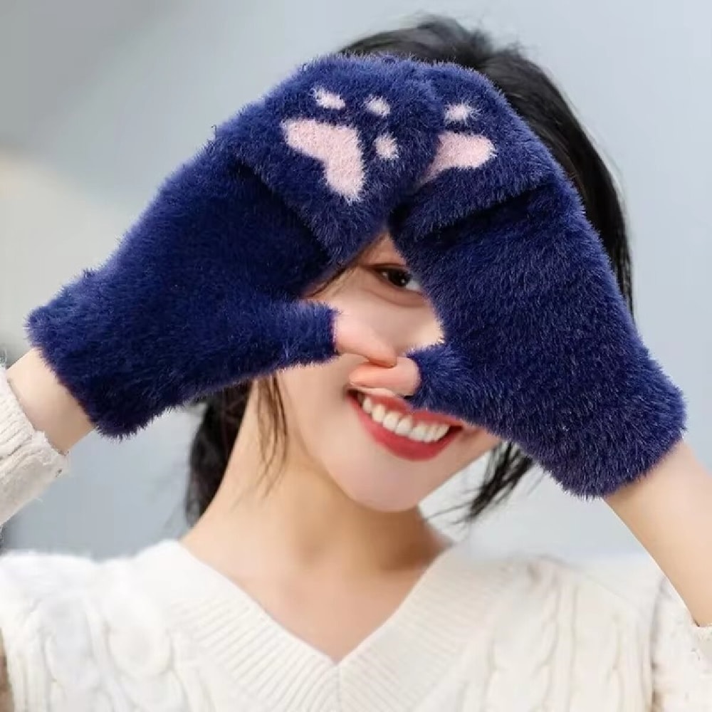 Warm Cat Claw Paw Plush Mittens for Women – Soft Fingerless Winter Gloves, Cozy and Cute