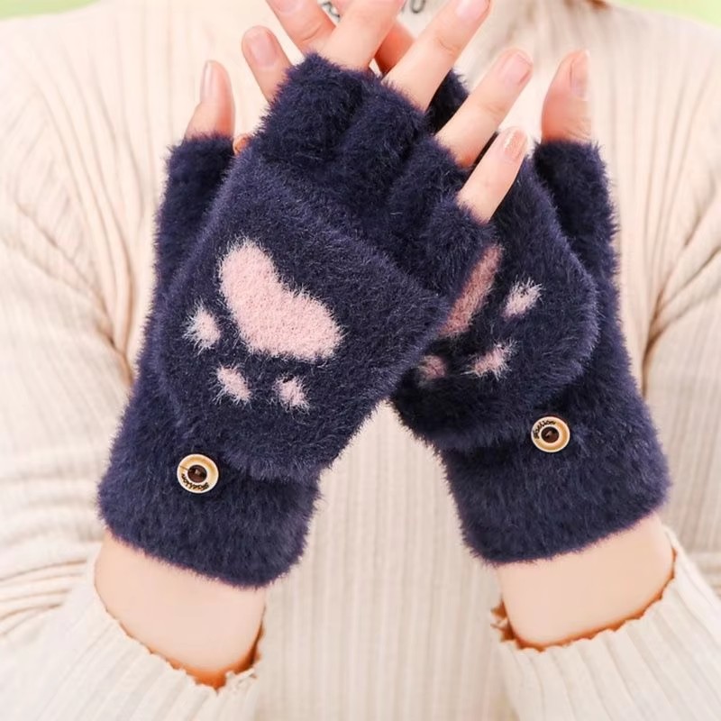 Warm Cat Claw Paw Plush Mittens for Women – Soft Fingerless Winter Gloves, Cozy and Cute