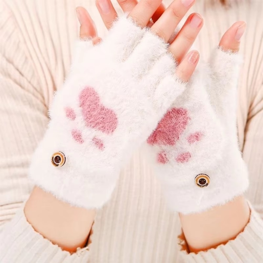 Warm Cat Claw Paw Plush Mittens for Women – Soft Fingerless Winter Gloves, Cozy and Cute