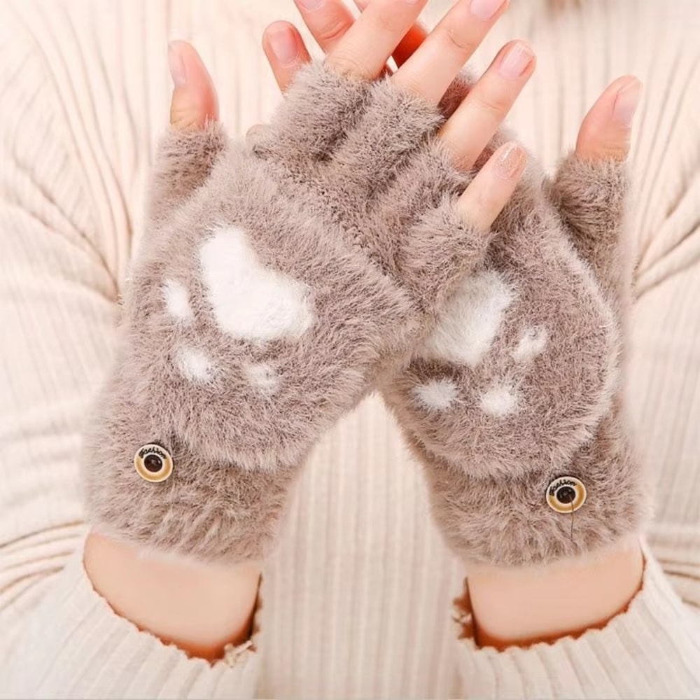 Warm Cat Claw Paw Plush Mittens for Women – Soft Fingerless Winter Gloves, Cozy and Cute