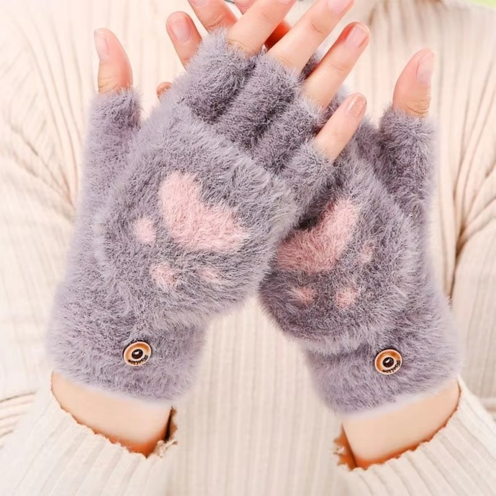 Warm Cat Claw Paw Plush Mittens for Women – Soft Fingerless Winter Gloves, Cozy and Cute