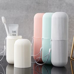 portable toothbrush storage case with vertical stripe mouthwash cup