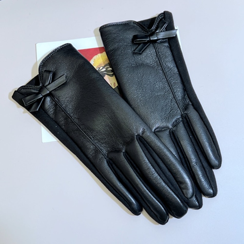 Women Winter PU Leather Gloves With Touchscreen Capability Warm Stylish BowEmbellished Driving Gl 0