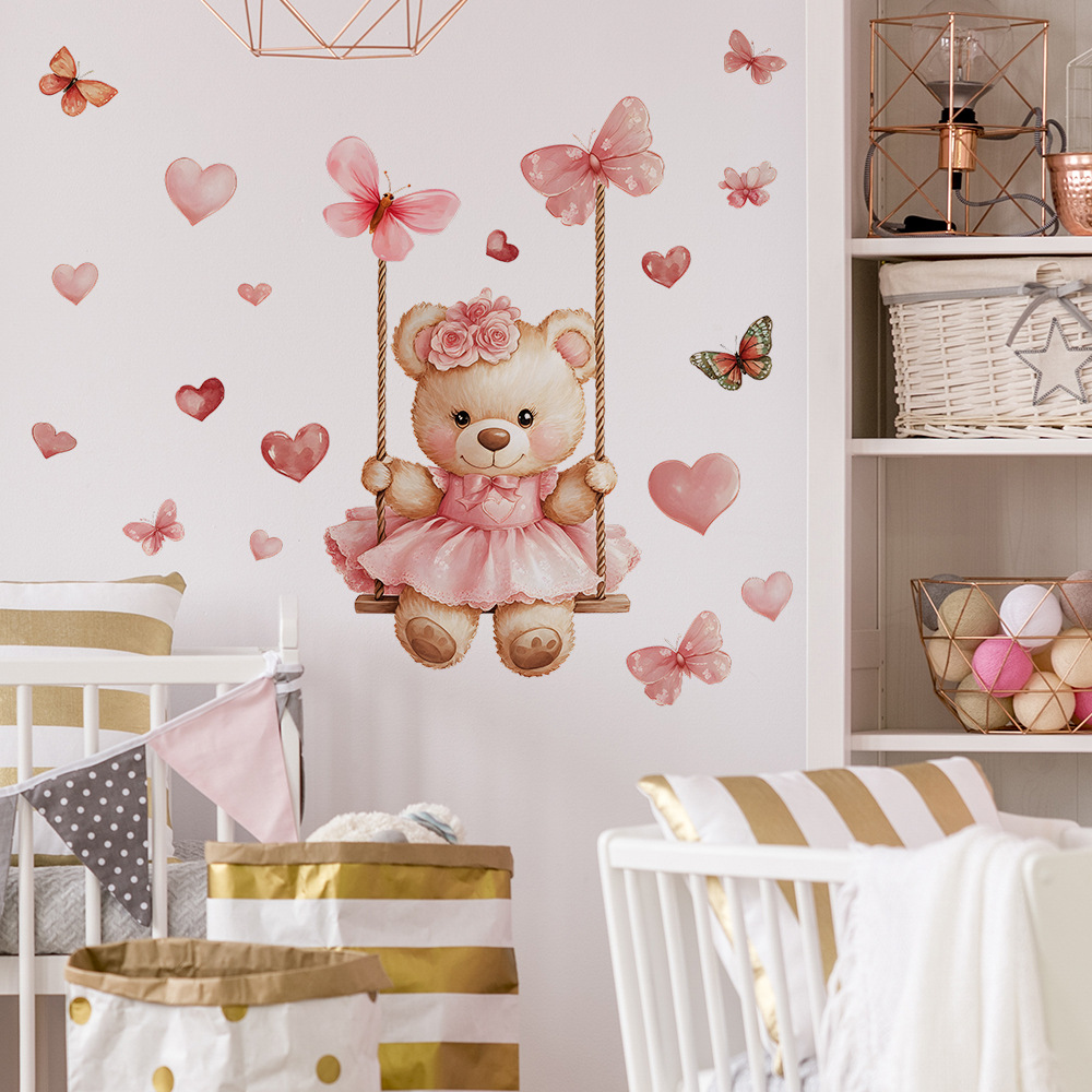Cartoon Bear Butterfly Wall Stickers for Kids Room – Self-Adhesive Mural Decor