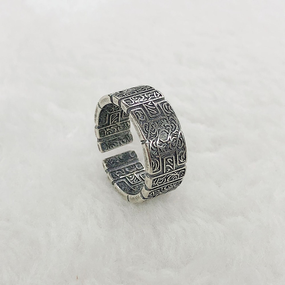 Vintage Tang Grass Pattern Silver Ring for Men - Handmade Gothic Punk Open Jewelry