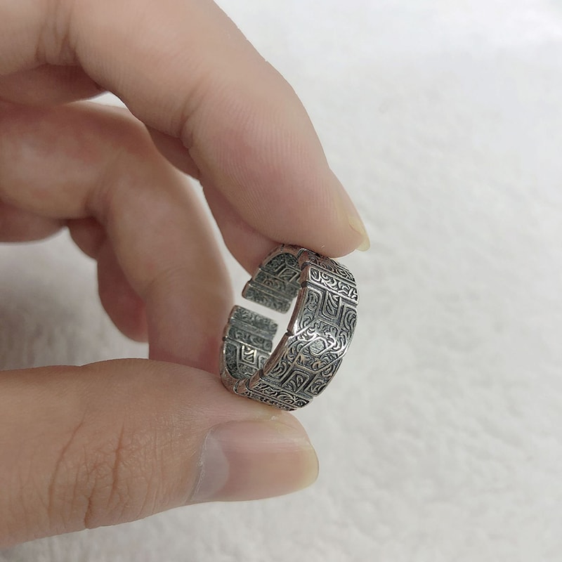 Vintage Tang Grass Pattern Silver Ring for Men - Handmade Gothic Punk Open Jewelry