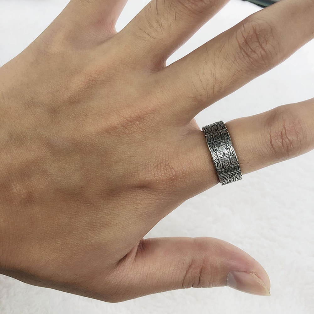 Vintage Tang Grass Pattern Silver Ring for Men - Handmade Gothic Punk Open Jewelry